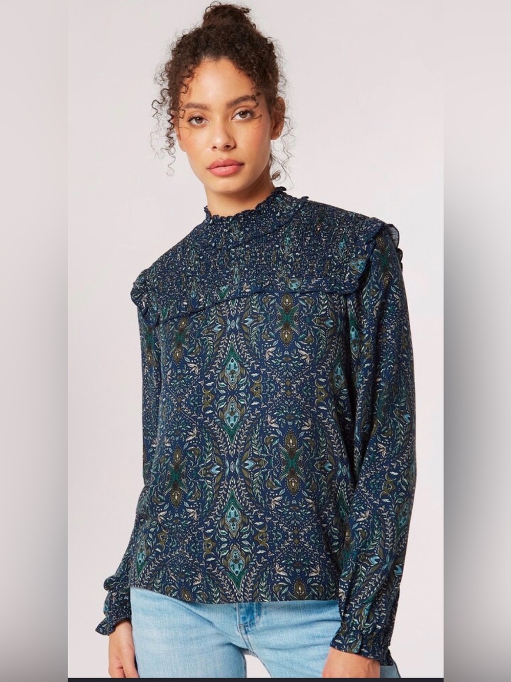 NWT Apricot Navy Patterned High-Neck Blouse